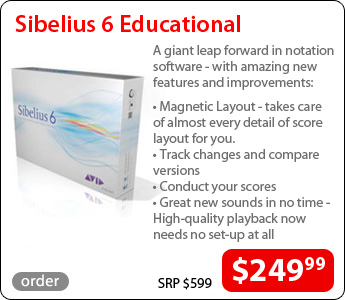 Sibelius 6 Educationala giant leap in notation software-with amzing new features and improvements: Magnetic Layouttakes care of almost every detail of score layout for you, Track changes and compare versions, Conduct your scores, Great new sounds in no timehigh quality playback now needs no set-up at all. Price: $249.99 (SRP $599)